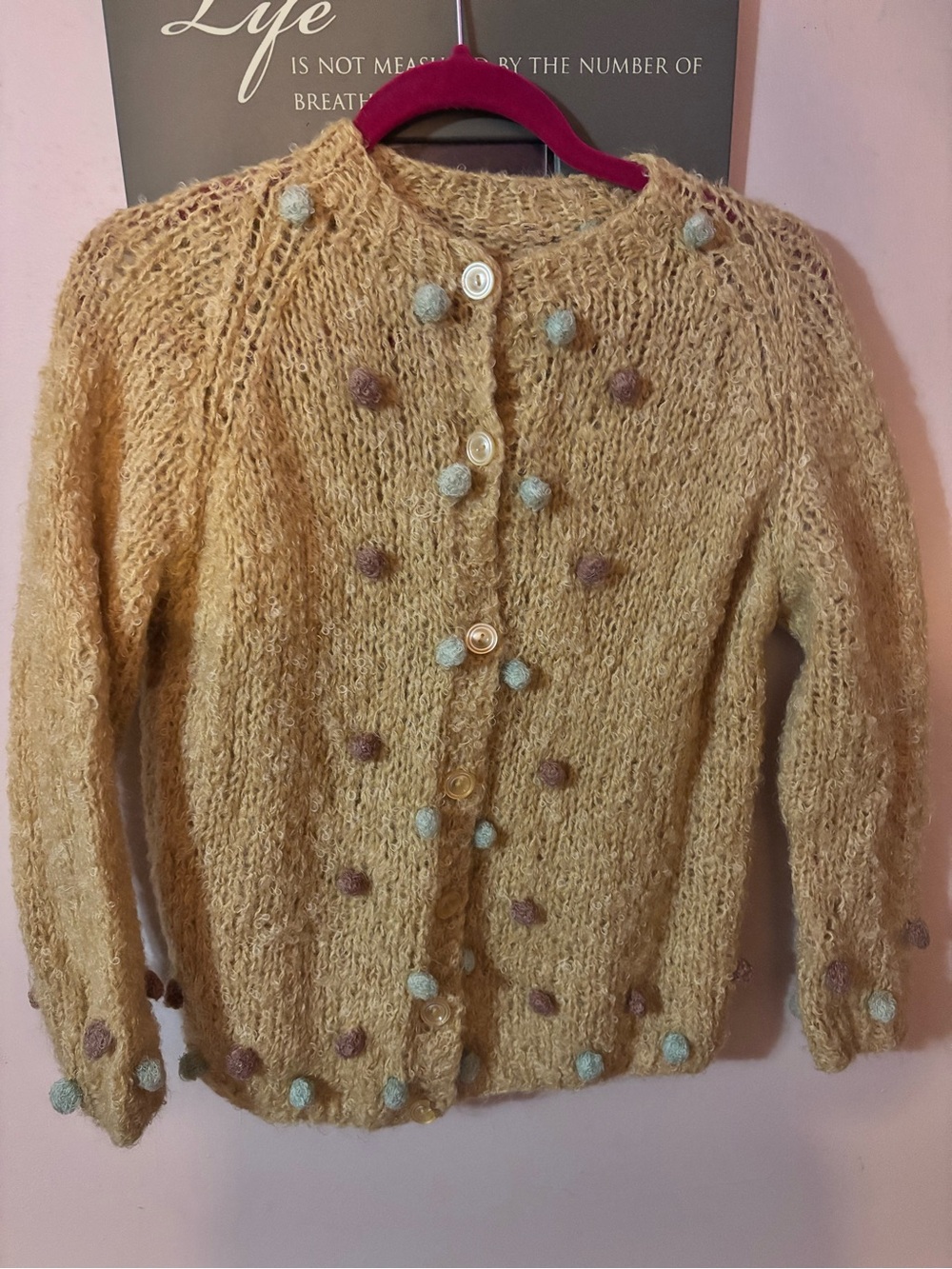 Source Unknown Mustard Hand-Knit Pom-Pom Button Cardigan